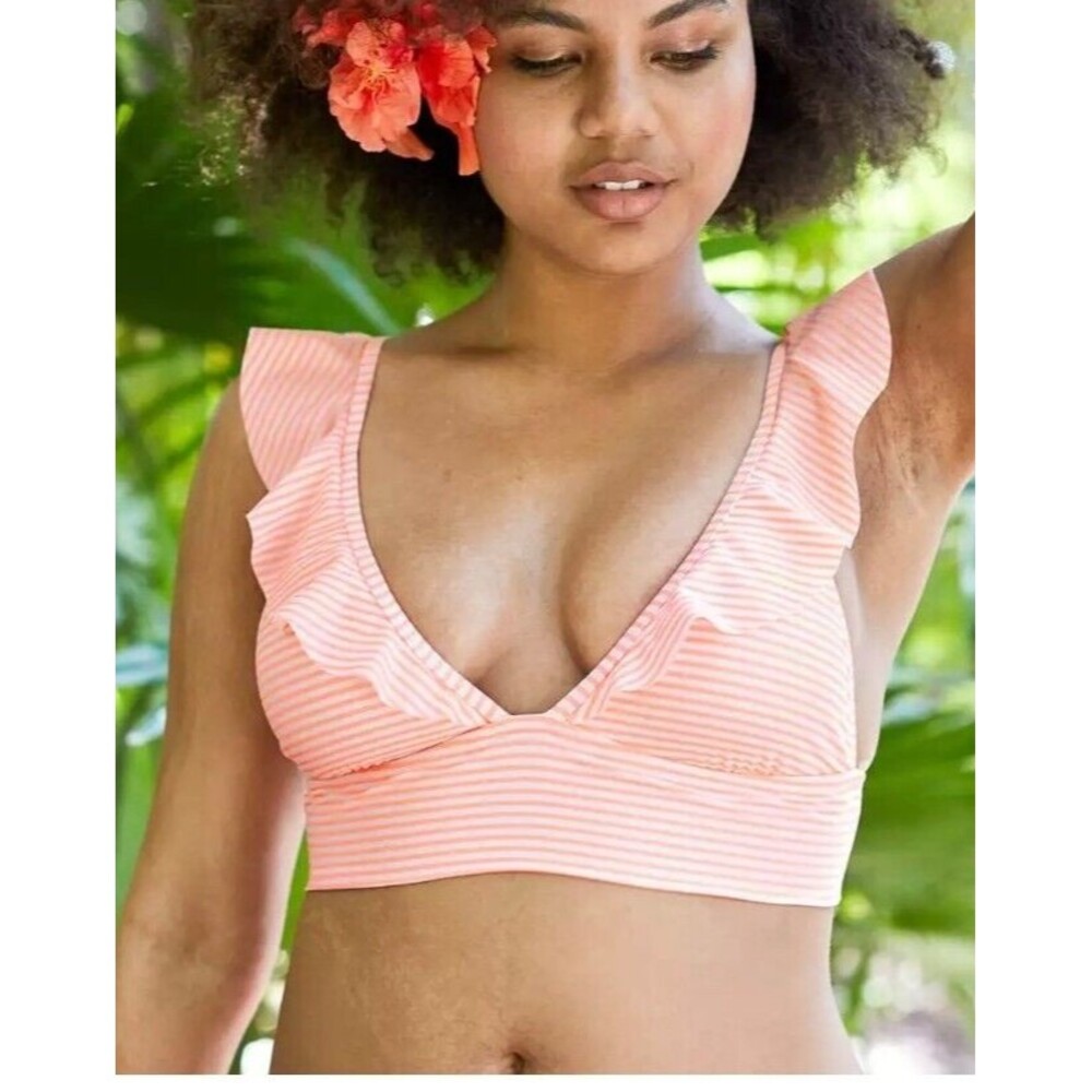 NWT Aerie Long Line Bright Ruffle Bikini Top Orange White Stripes XL $39